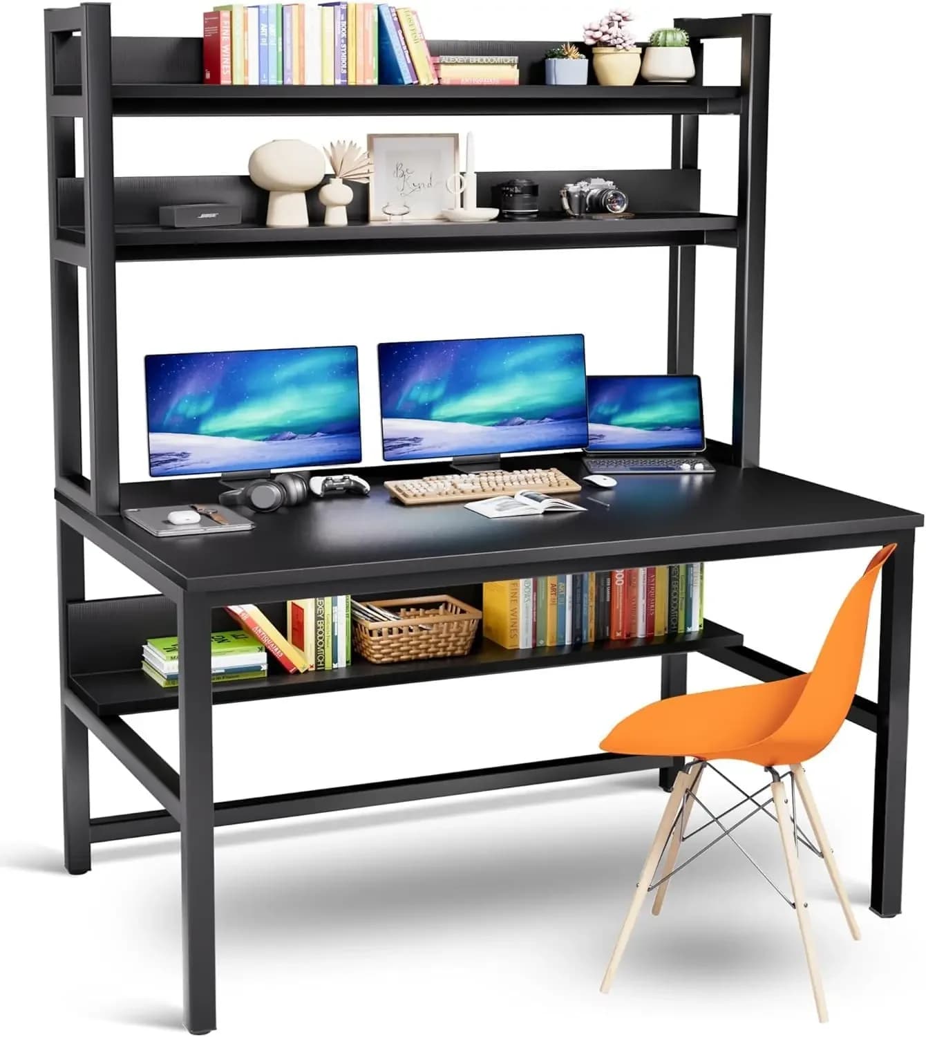 Scrivania per computer con mobiletto e librerie, ampia spaziozza per le gambe, scrivania nera di 55 pollici di larghezza con ripiani salvaspazio, facile da montare