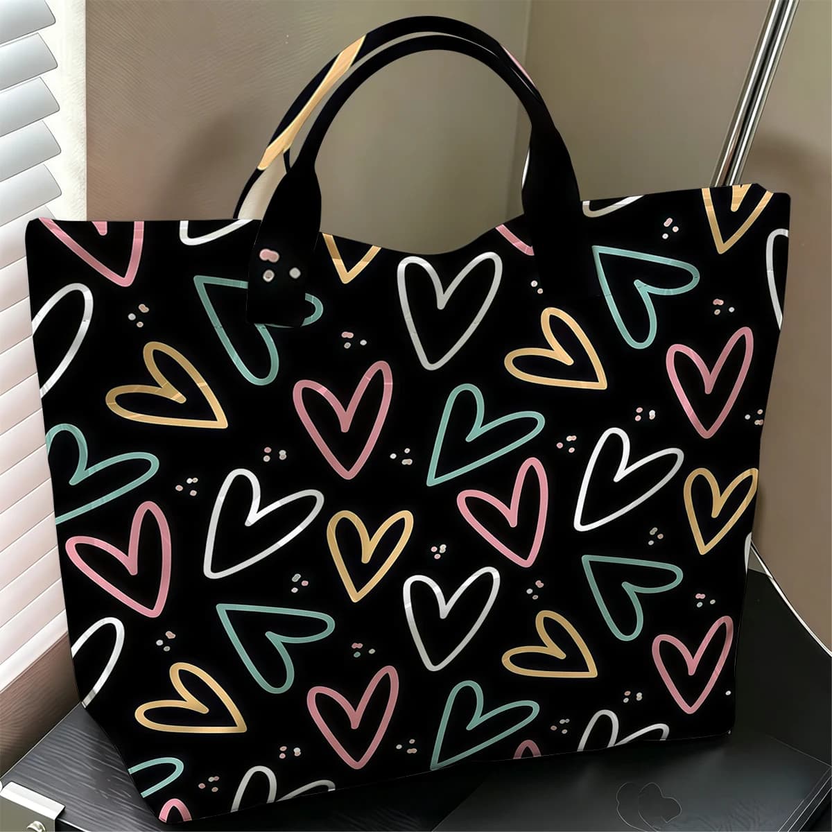 Doodle Hearts Cute Large Glossy PVC Tote Bag Hand Washable Lightweight Soft Great for Travel Commute Makeup Storage Handbags