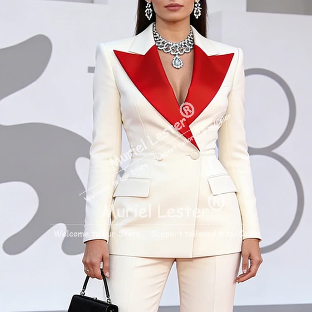 Completi eleganti da donna in 2 pezzi, set in raso con etichetta, blazer da cerimonia, giacca doppiopetto personalizzata, pantaloni, tailleur da donna per affari.