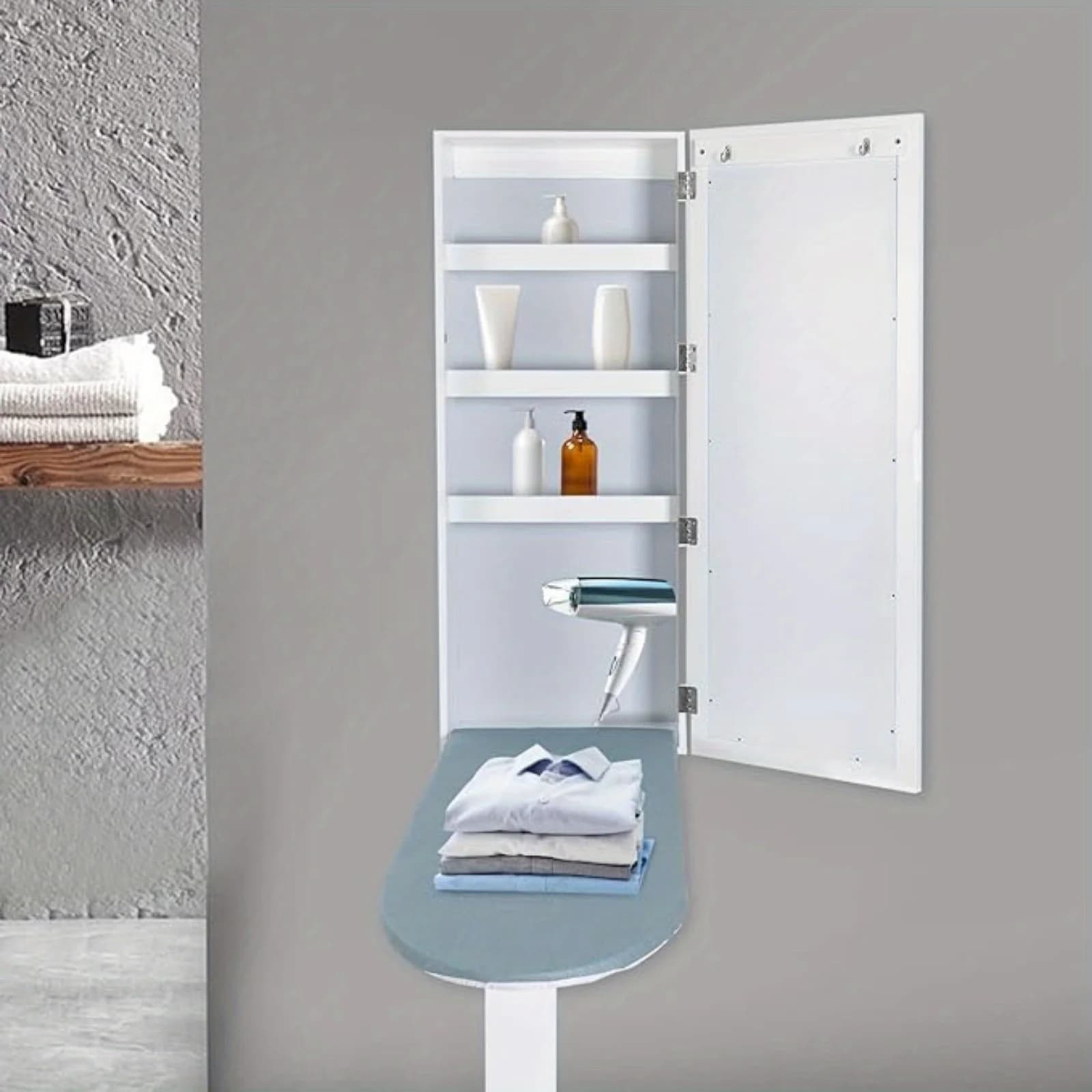 Ironing Board Cabinet with Rotating Board and 4 Storage Shelves, 14x8.1x37.5 Inch, 28.2lbs 22lbs Load Capacity 180° Rotation Wall Mount for Home Hotel Apartment