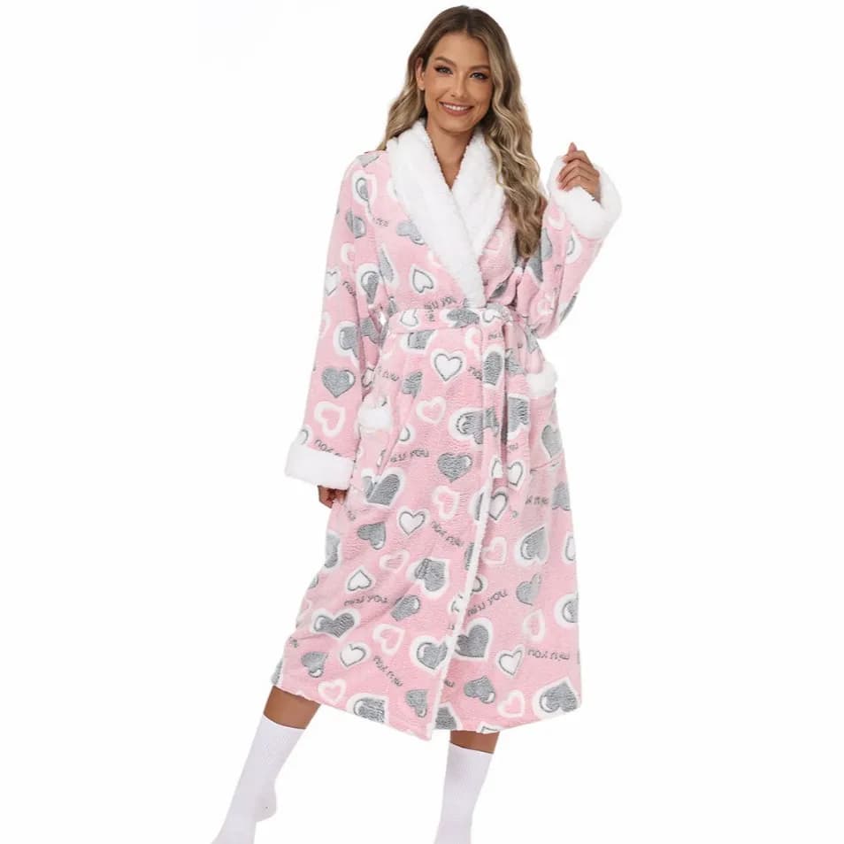 Women's robe pajamas 2026 New heart-shaped printed flannel pajamas home wear bathrobes women's clothing