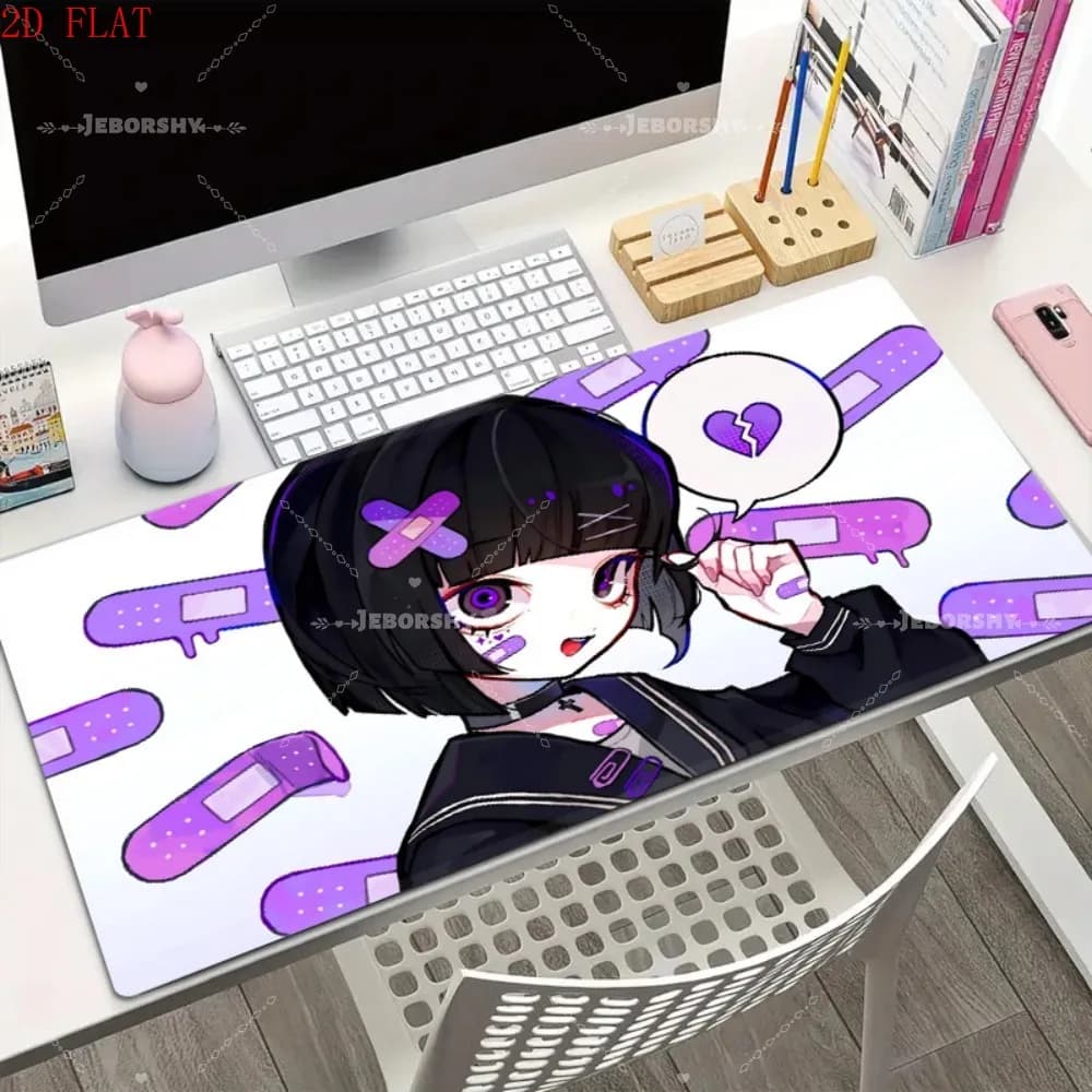 Tappetino per mouse grande con ragazza anime in fasciatura viola - Tappetino da scrivania con design a cuore spezzato, antiscivolo, regalo perfetto