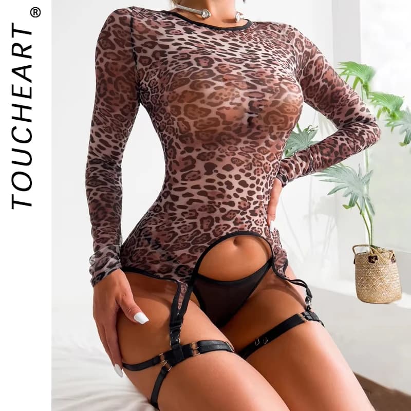 Toucheart Intimo in rete con stampa leopardata per donna Set di lingerie sexy con giarrettiere sexy in tinta unita esotica a maniche lunghe trasparente