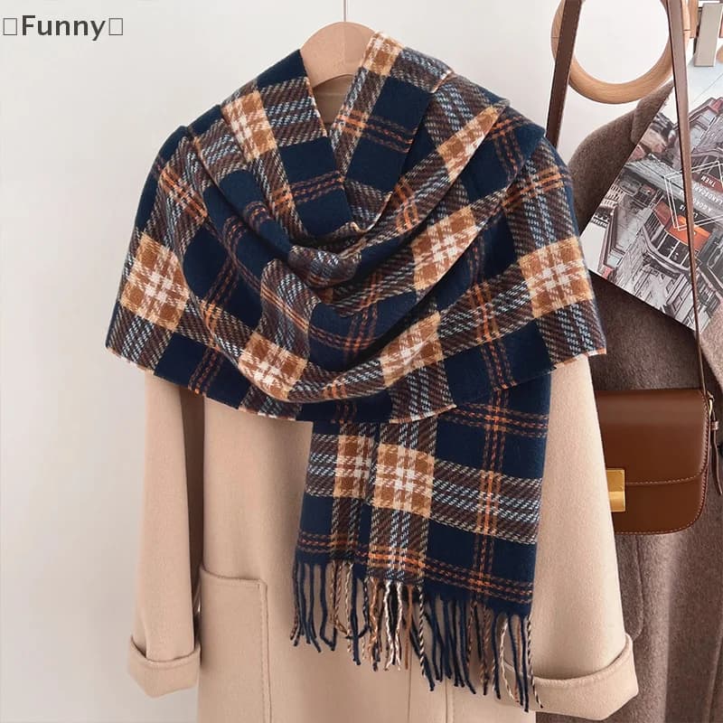 〔Funny〕Scarf Women's Winter Imitation Cashmere Plaid Fashionable And Versatile Warm Student Ins Tassel Shawl