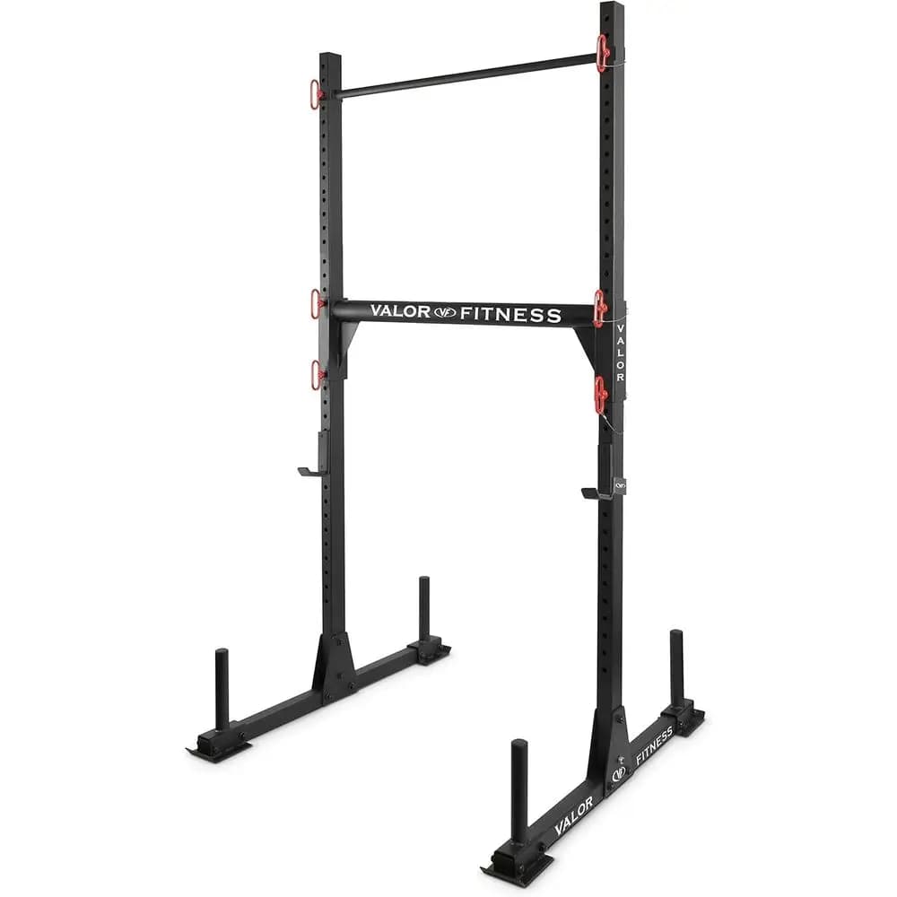 Support for barbells with hooks at J, squat stand, bench, traction bar and optional safety arms