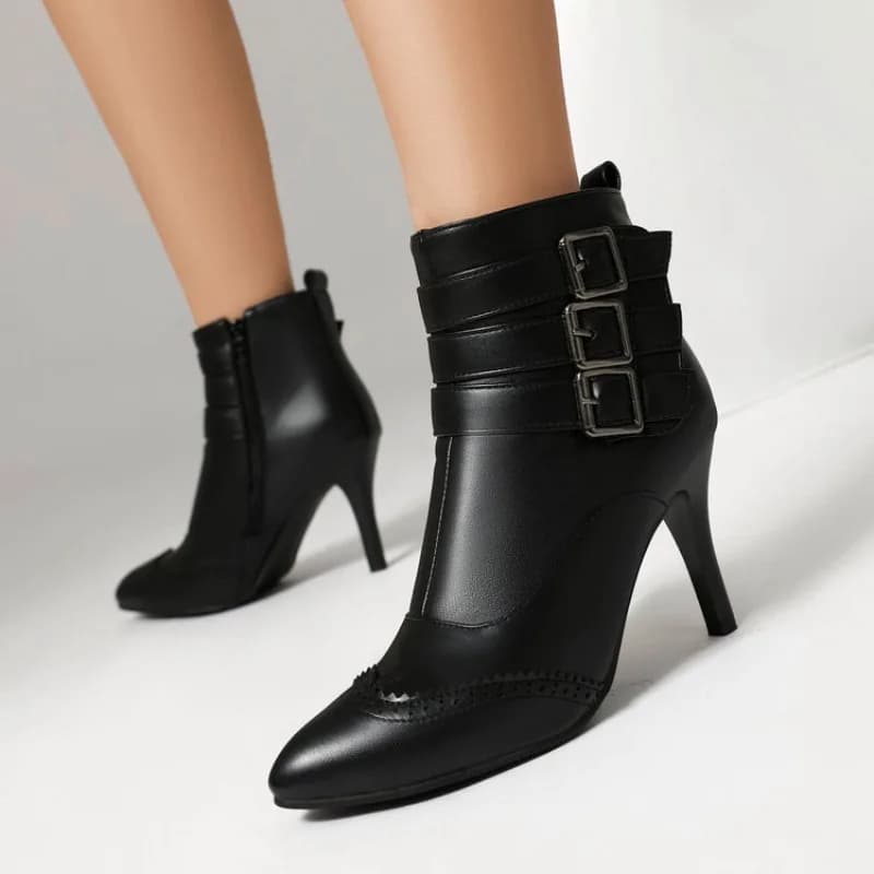 2026 Autumn/Winter New Fashionable and Sexy Women's Pointed Stiletto Short Boots Belt Ring Decoration Size 35-47