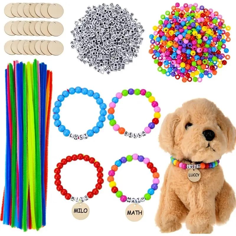 Kit Collare Fai-da-Te per Cani ABKU, 1124 Pezzi con Scovolini, Perline di Plastica, Perline Alfabeto, Dischetti in Legno, Accessori per Feste per Animali Domestici