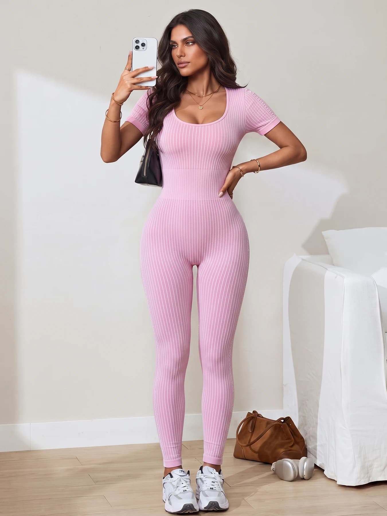 Short Sleeve Ribbed Yoga Bodysuit Criss Cross Open Back High Elastic Butt Lift Fitness Jumpsuit for Workout Pilates