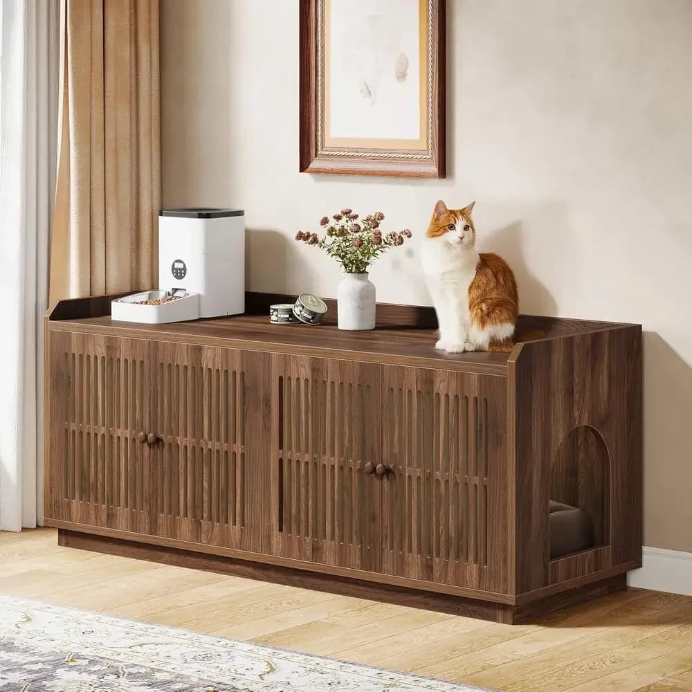 Mobiletto per lettiera per 2 gatti, contenitore per lettiera extra large da 55,1 pollici con 2 ante e ingresso laterale, toilette per gatti XL in legno