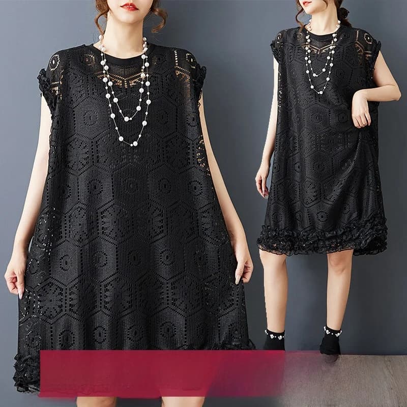 Abito da donna alla moda in pizzo nero oversize con doppio strato e volant, stile scuro, in misto cotone pesante, gonna casual