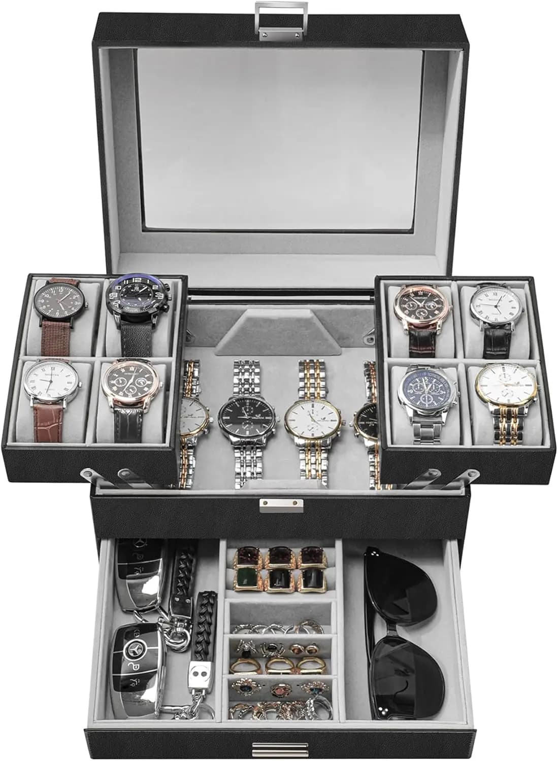 Exhibitor for 8-piece watches with 3 levels, PU Leather Organizer for Watches, Sunglasses, Jewelry - Black