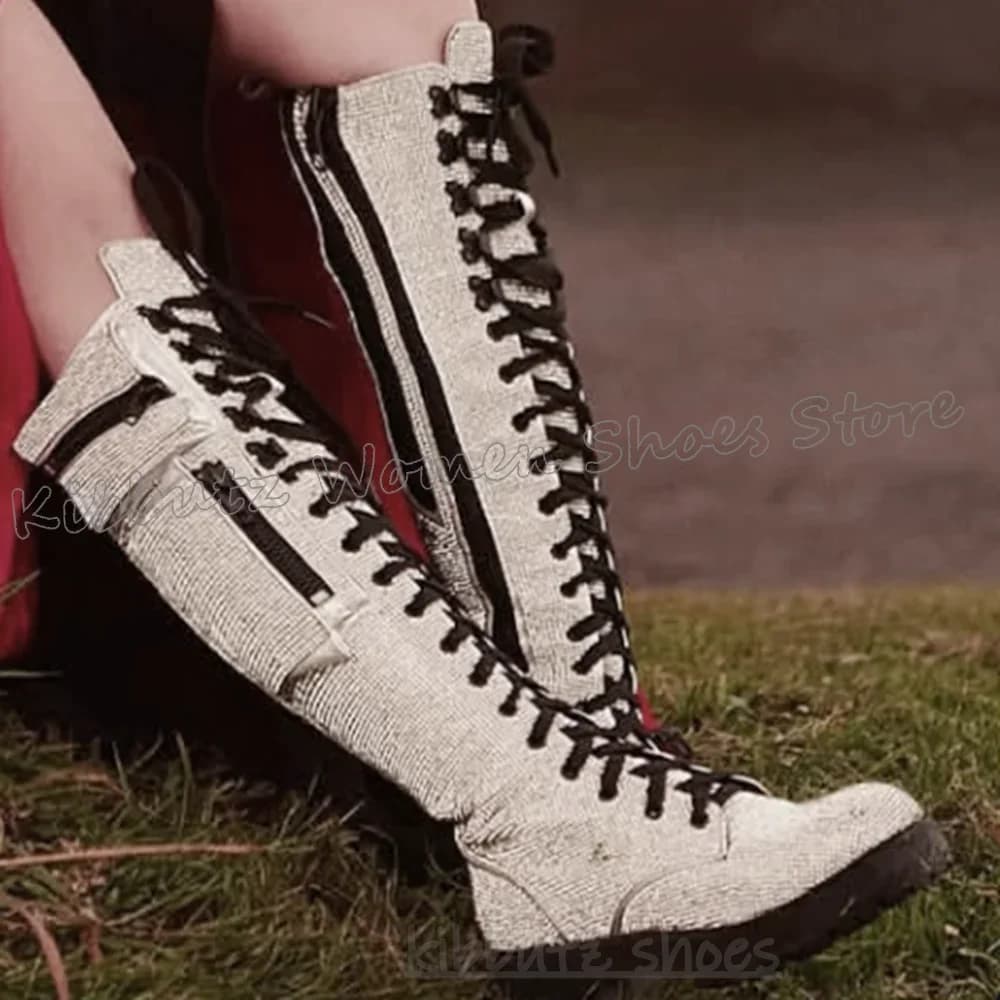Knee Boots Bling Polished Pocket Zipper Lace-Up Round Toe Chunky Chunky Fashion Punk Rock Gothic New Women's Shoes Sexy New