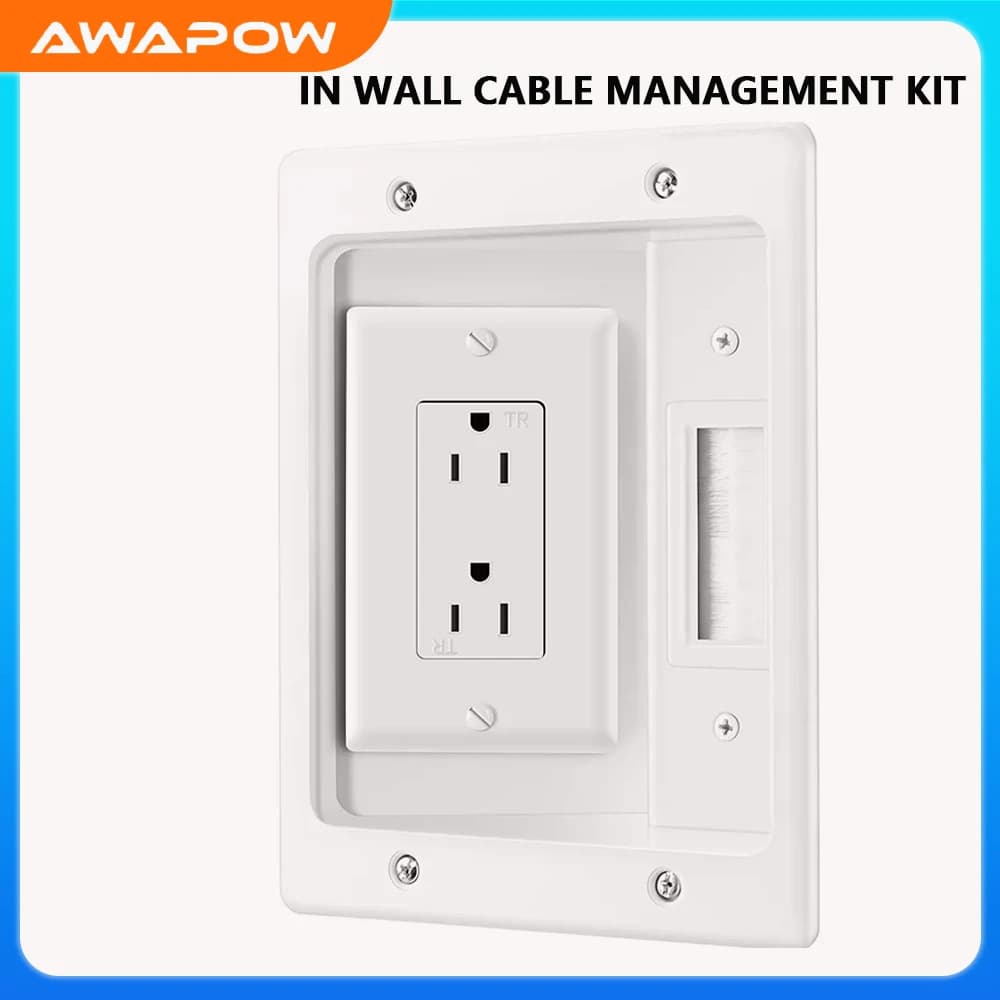 Awapow Recessed Recession Box in Wall Cable Management Kit 15A 125V Hide TV Power Cables and Low Voltage Cables Behind White Wall