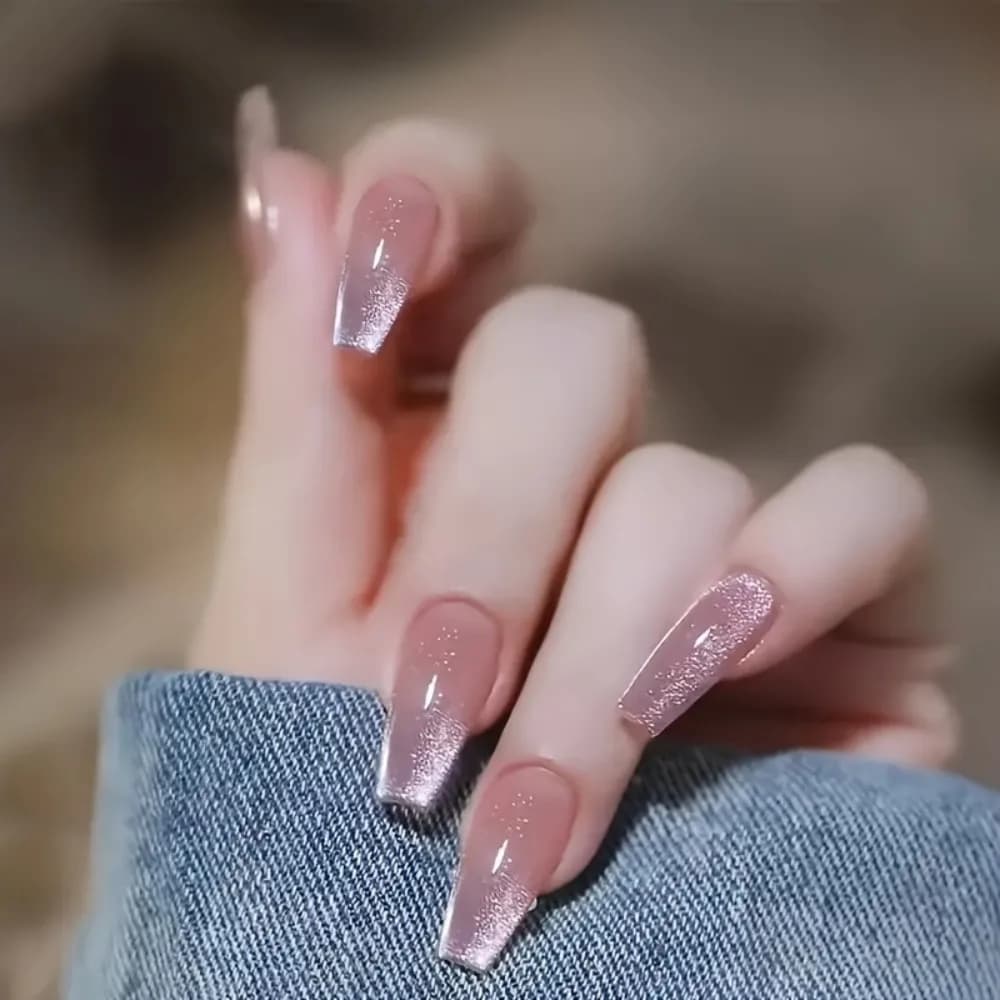 24pcs Sparkling Pink Glitter Cat-Eye Design Long Ballet Shape Glossy Gradient False Nails with Nail File & Jelly Glue Reusable