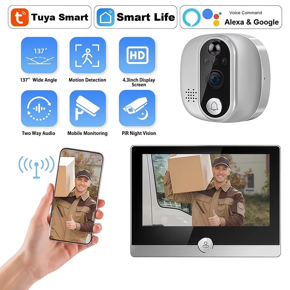 Tuya Video Doorbell 1080P WiFi Peephole Camera Door Bell PIR Cat Eye 4.3 Inch Home Digital Door Viewer for Security Protection