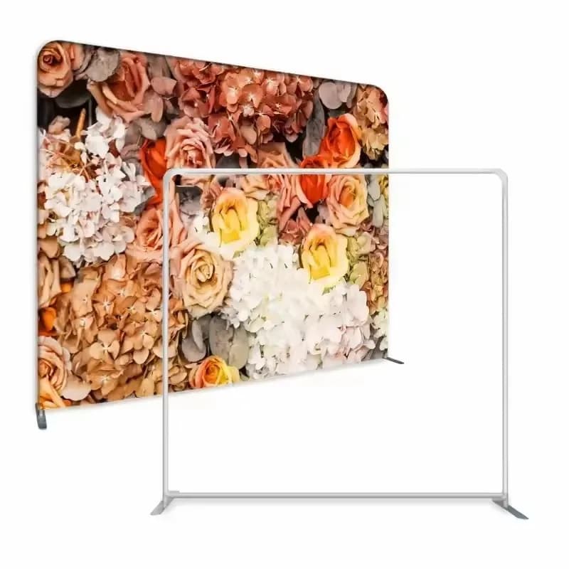 Photo booth feature wall, stainless steel frame, vertical tension cover, digitally printed 10x10-foot banner display stand