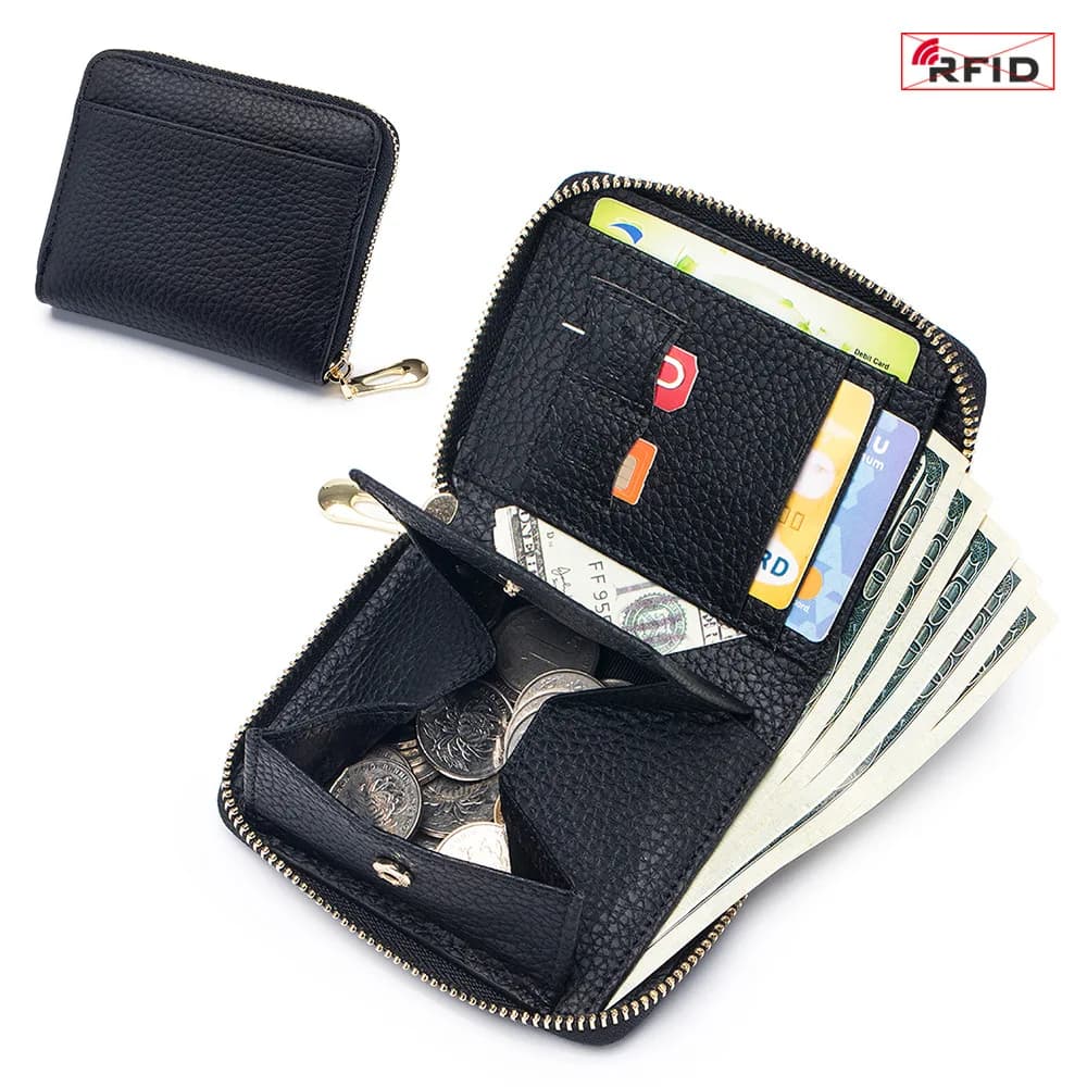 Portafoglio da donna Porta carte multifunzione con blocco RFID Portafoglio bifold con cerniera in pelle con slot per scheda SIM