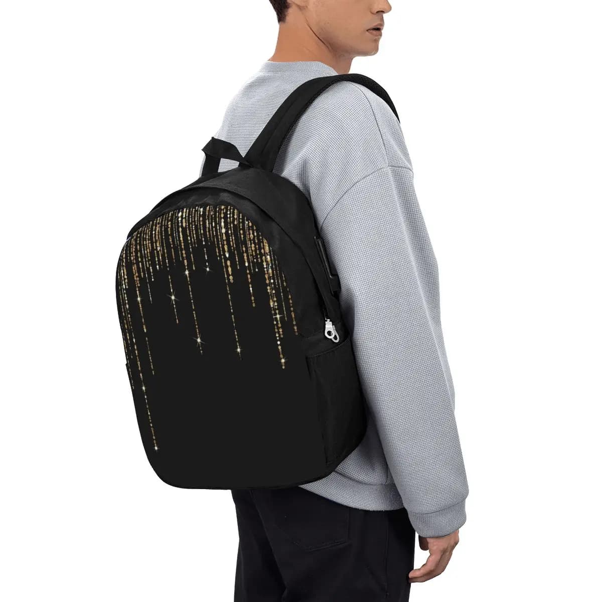 Zaino con motivo glitterato nero e oro, borsa da viaggio per notebook, borsa per computer, borsa per studenti universitari, borsa per laptop, borse a tracolla per uomo e donna