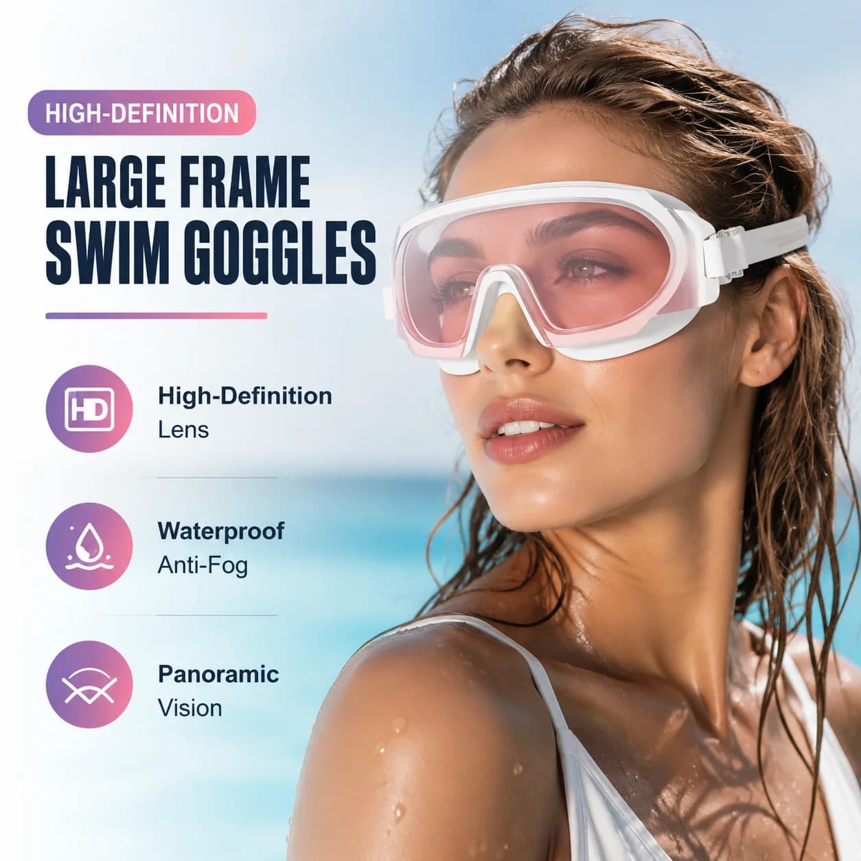 Large Frame Swimming Goggles Anti Fog Waterproof UV400 Swim Glasses for Adults Men Women Clear Vision Comfort Fit