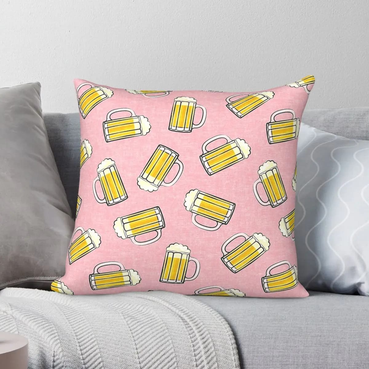 Federa per cuscino rosa con motivo birra in poliestere, lino e velluto, decorazione creativa con cerniera, per la casa, 45x45