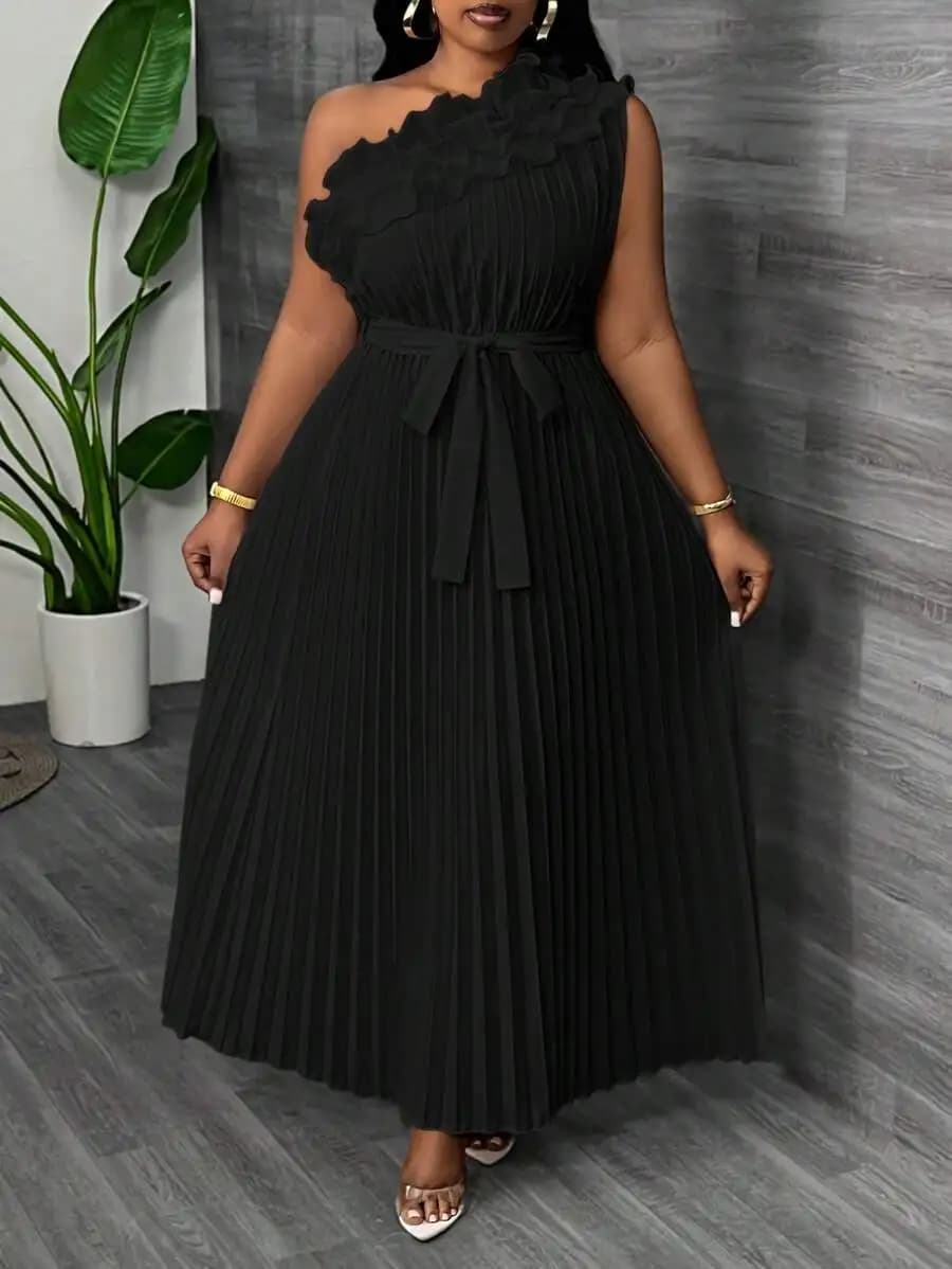 Plus Size Elegant Banquet Asymmetric Ruffle Waist Pleated Apricot Summer Dress