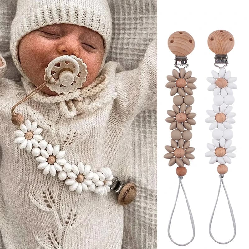 Daisy Bebe Porta ciuccio in silicone Porta ciuccio in legno Clip per ciuccio a catena per neonata Ragazzo Neborn Infantile masticabile Massaggiagengive