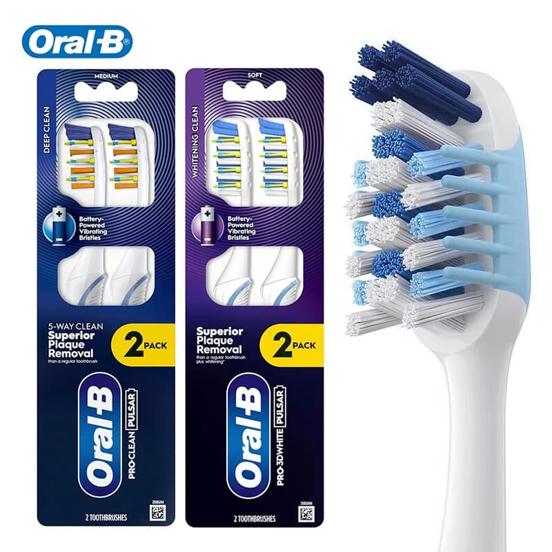 Oral-B Pulsar 3D White Electric Toothbrush 2Pcs Battery Powered Deep Clean Remove Plaque Micro-Pulse Bristles for Adult Kids 3+