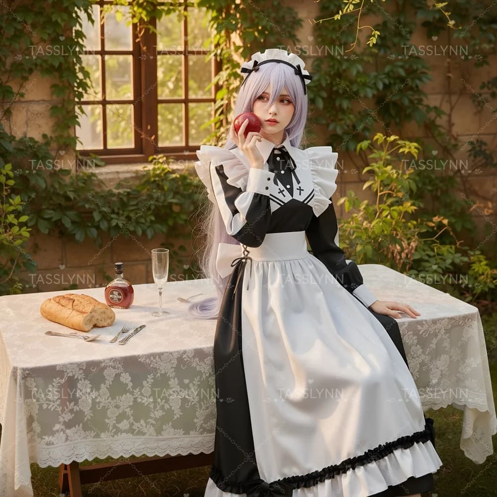 Costume Cosplay Yuki Onna Maid dal Gioco della Morte, Abito da Cameriera Gotico a Maniche Lunghe Bianco e Nero