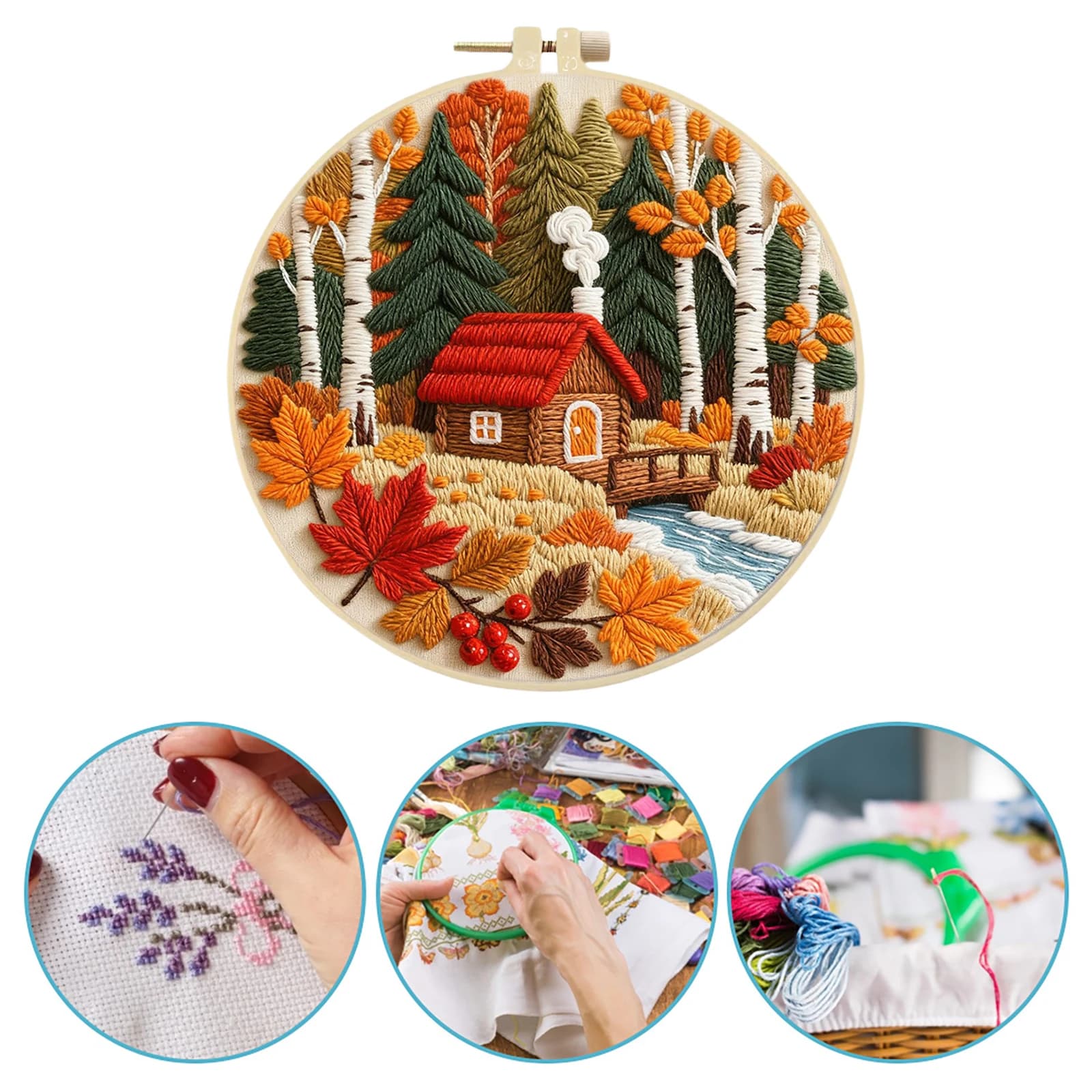 Autumn DIY Embroidery Stitches Practice Kit with Embroidery Hoop Hand Sewing Kit Starter Embroidery Kit for Beginners Adults