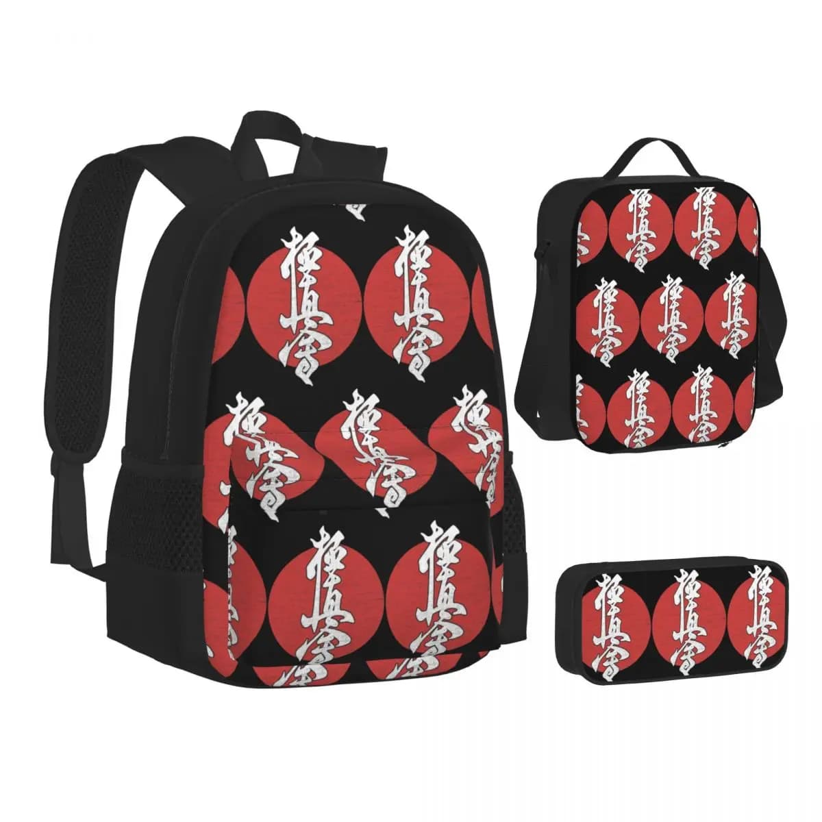Kyokushin Karate Kanji Taijutsu Backpacks Students Bookbag School Bags Kids Rucksack Lunch Bag Pen Bag Three-Piece Set