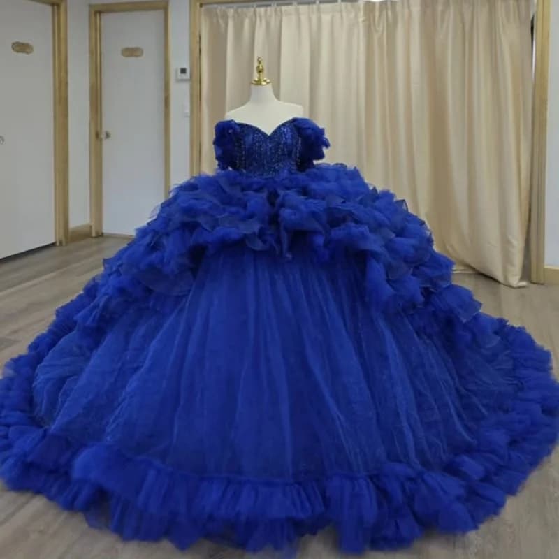 Abito Quinceanera blu royal Pizzo cristallo Tull decalcomania Fiocco Stratificazione di pizzo abiti da 15 Quinceanera Personalizzato