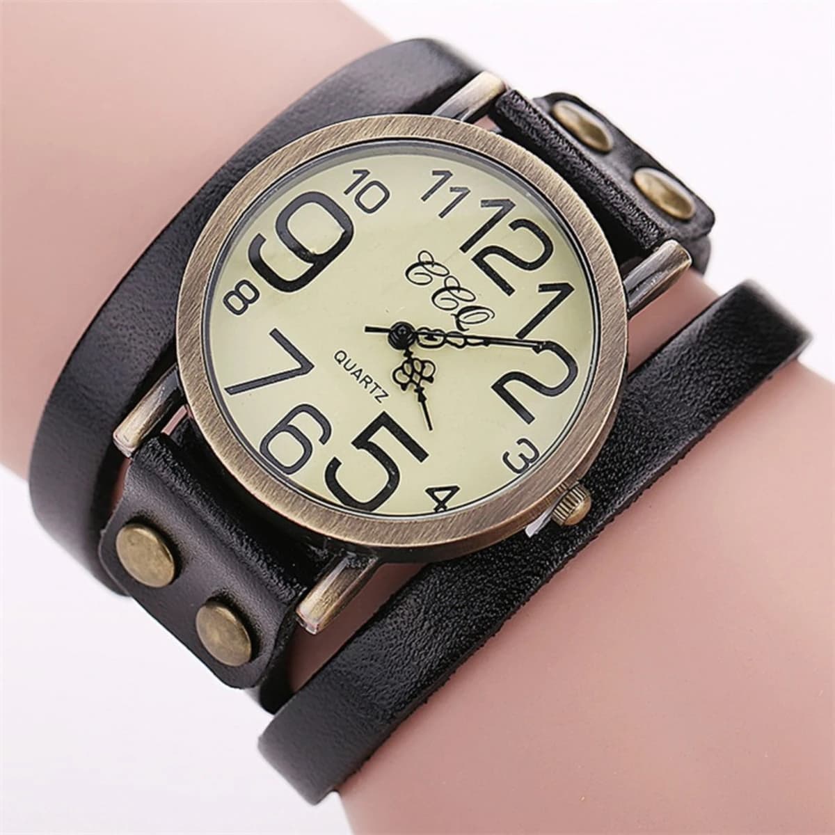 Ladies watch 1 piece, quartz watch with retro leather strap, fashionable round dial