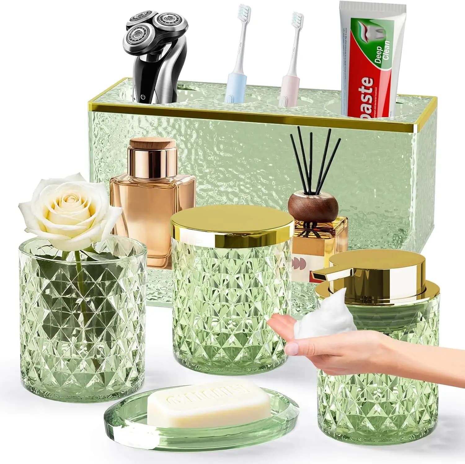 Set da Bagno in Cristallo 5 Pezzi: Dispenser Sapone, Portasapone, Bicchiere, Portaspazzolino con Vassoio, Contenitore per Bastoncini in Spugna Verde
