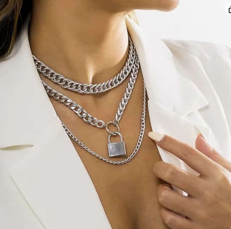 Collana a Strati in Acciaio Inossidabile Stile Punk con Catena Cubana e Ciondolo a Lucchetto, Girocollo per Donne, Regalo di Natale
