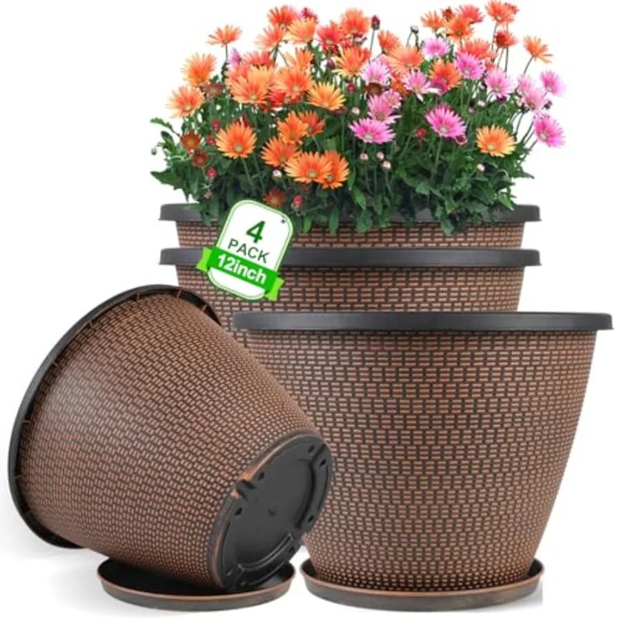 Vasi per piante, confezione da 4 vasi grandi da esterno con fori di drenaggio e sottovasi, vasi da fiori in plastica per piante da porta, decorativi