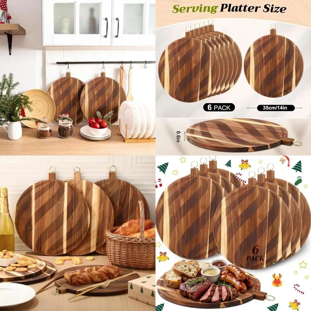 Set di 6 Taglieri Rotondi in Legno di Acacia per Natale, 14 Pollici, Vassoi per Servire Formaggi e Salumi con Motivo a Spirale Inciso