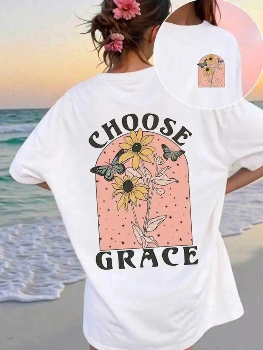 Summer Lightweight Floral Butterfly Print Tee Choose Grace Casual Short Sleeve Crew Neck Women T-Shirt