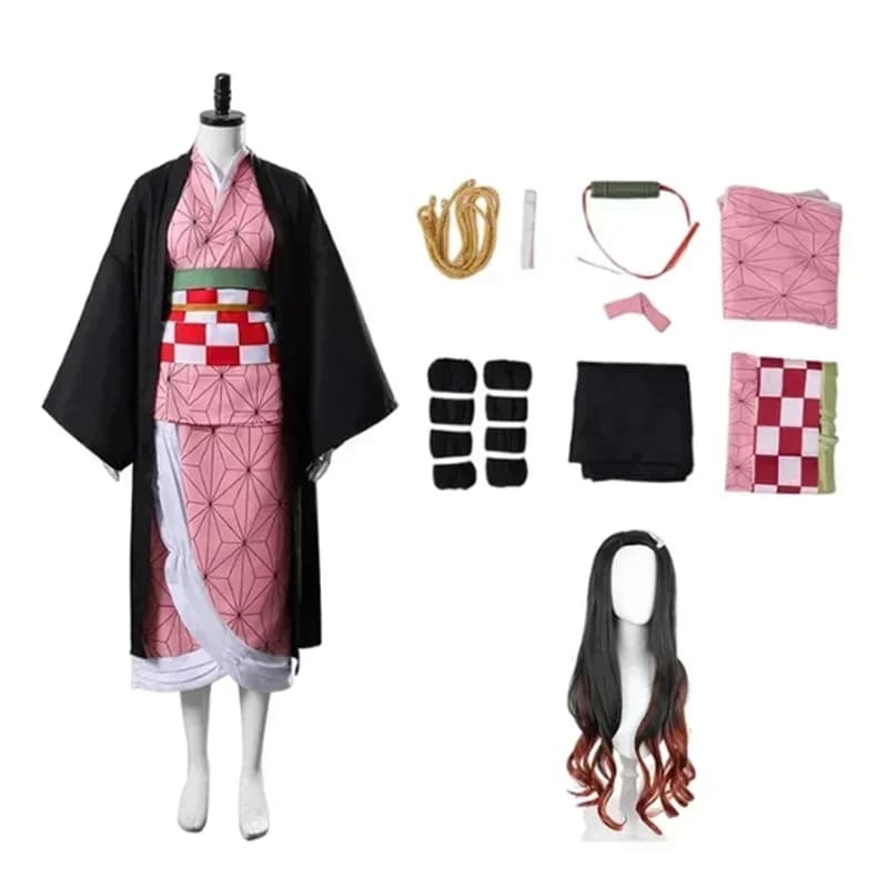 2025 Halloween Anime Demon Slayer Nezuko Costume Cosplay Kimono Kimetsu No Yaiba Kamado Nezuko Costume Parrucca da donna