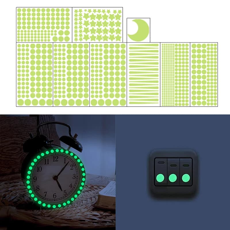 Adesivi Luminosi a Punti Rimovibili che si Illuminano al Buio, Decorazioni per Soffitto e Parete, Adesivi per Interruttori e Sveglie Fai-da-Te