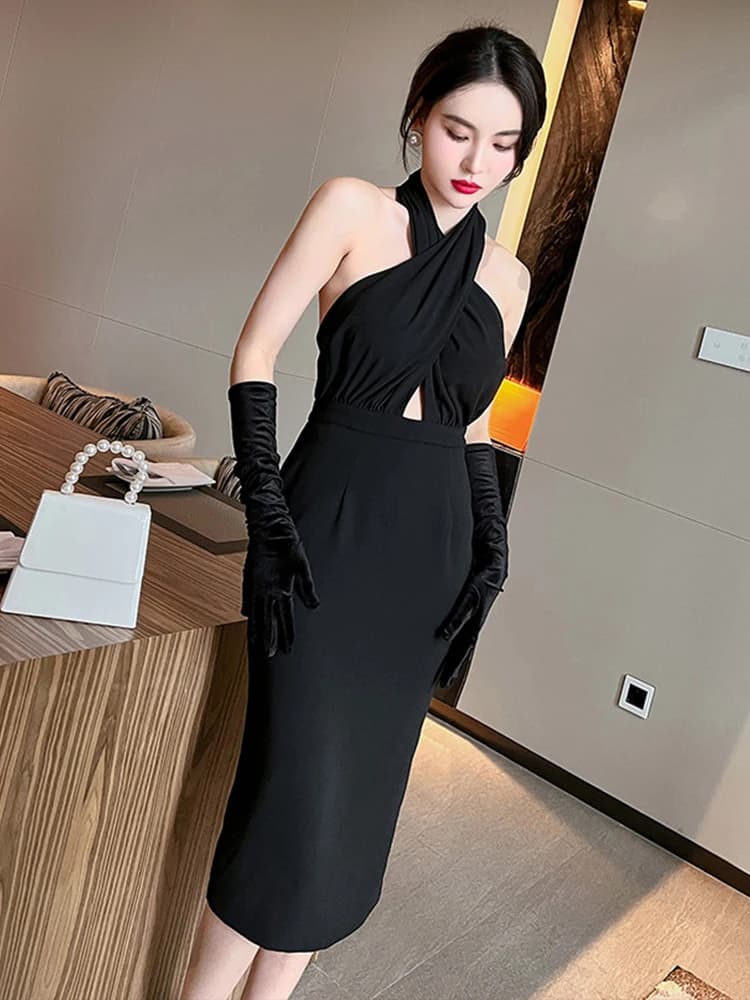 Women's Elegant Summer Hot Halter Hollow Backless Skinny Midi Party Beach Lady Robe Femme Mujer Dress