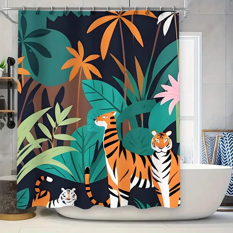 Set di tende da doccia esotiche con tigre della giungla, decorazioni da bagno con stampa animalier audace per la decorazione domestica, tende da doccia floreali arancione verde con