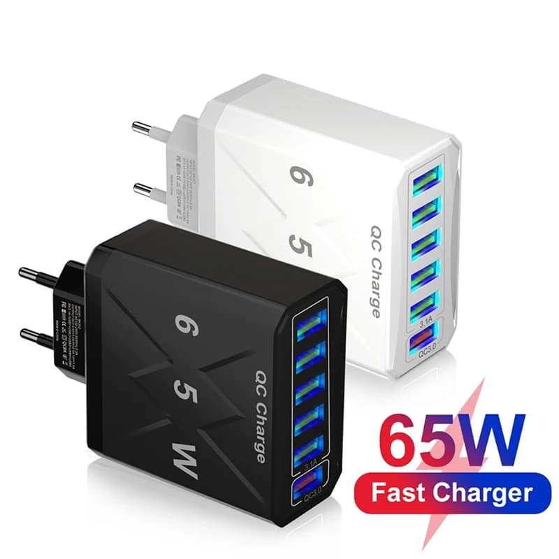 Quick Charger for Cell Phone from 65 W to 6 Doors USB Charger Adapter 6 in 1 QC3.0 Quick Charger from Wall with Plug US EU KR for iPhone