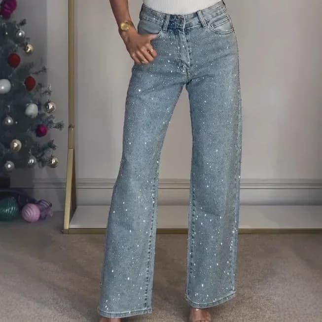Jeans Dritti di Donna con Diamanti, Pantaloni Elasticizzati a Vita Alta, Lavati e Distressed, con Tasche, Denim Vintage, Streetwear, Pants Feminine