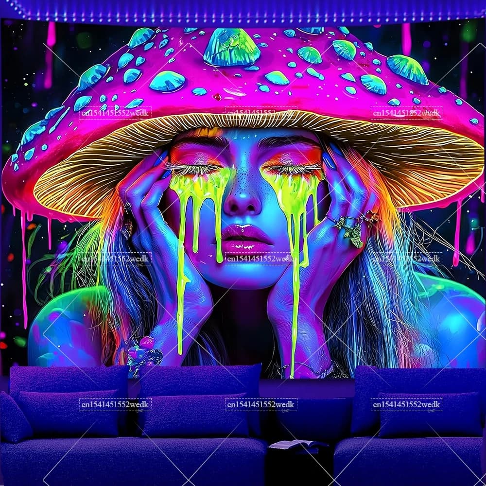 Fungo Ragazza Blacklight Arazzo Reattivo UV Farfalla Luna Galassia Arazzi fluorescenti Arredamento della camera Arazzi al neon estetici