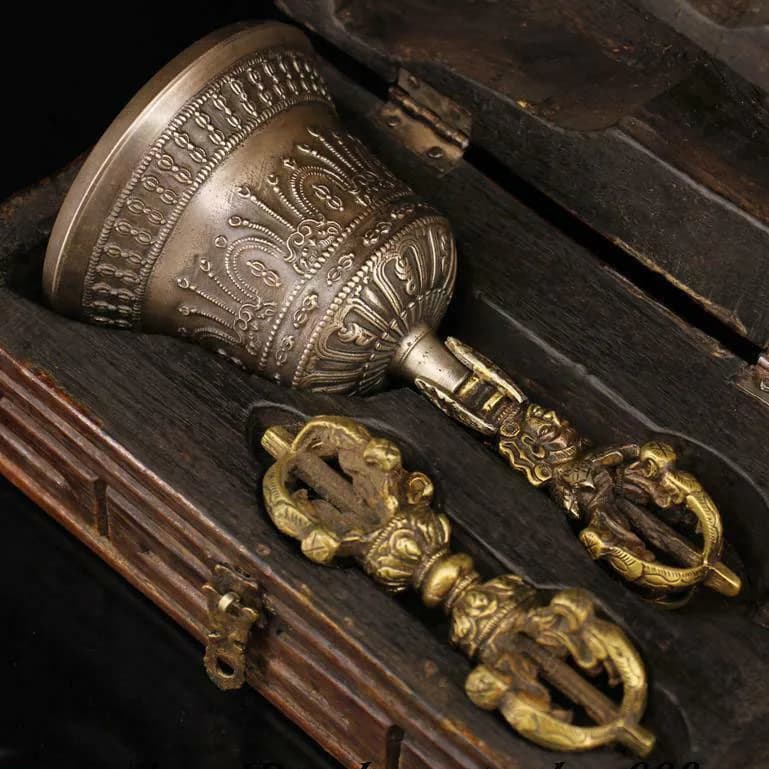Tibetan Buddhism bronze Gilt Buddha head Bells Phurpa Vajra Dorje Phurpa