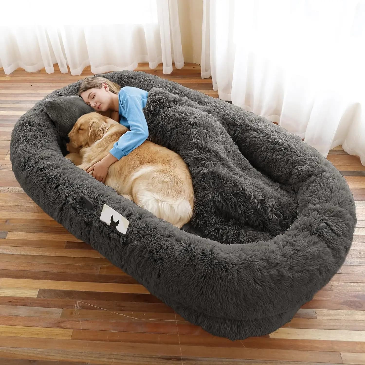Letto per Umani e Animali Domestici 71''x45''x12'', Lavabile, in Finta Pelliccia, Ortopedico con Cuscino Morbido - Grigio Scuro