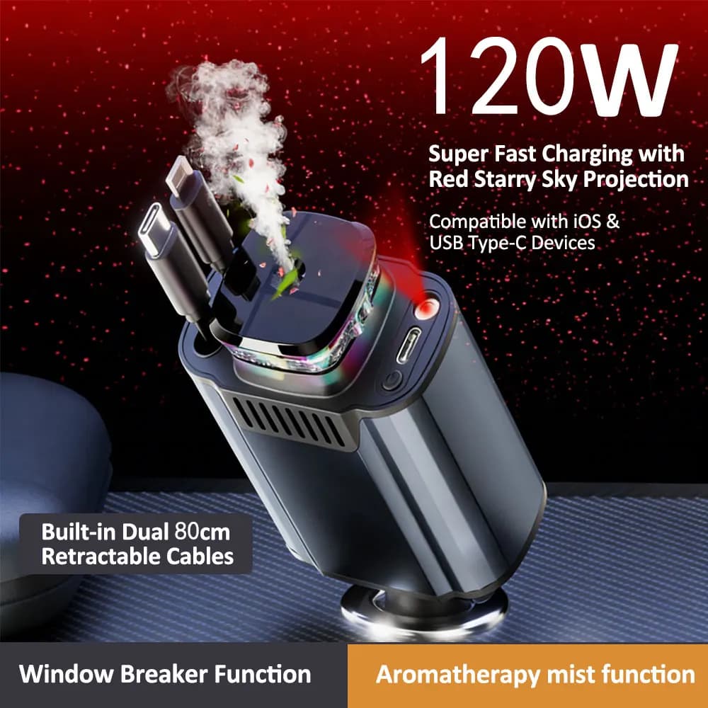 Charger Car 6-in-1 120W USB Type-C Retractable with Aromatherapy, Deodorant, Rompi-Vetro and Star Lighting for iOS and Android