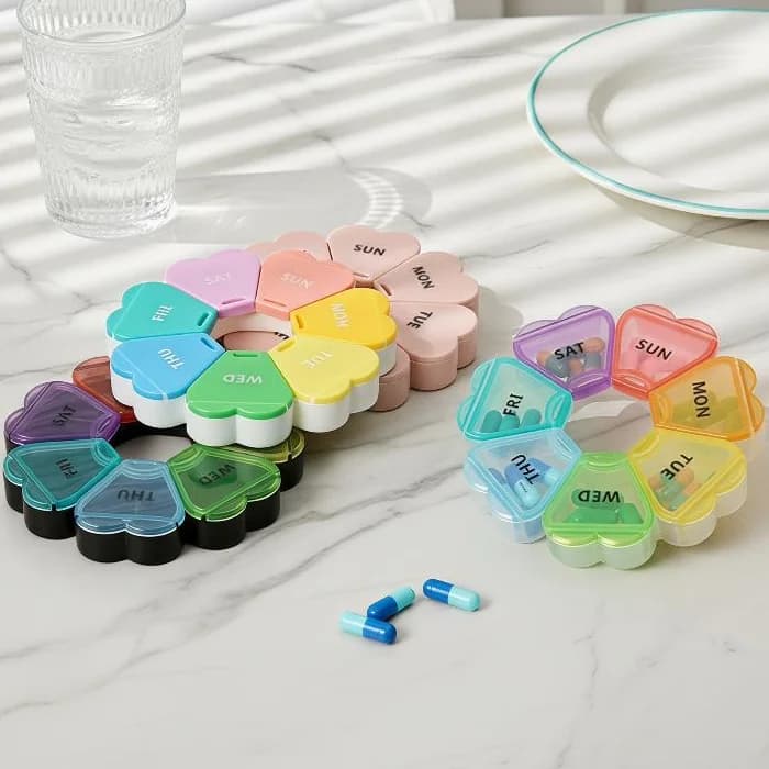7‑Day Round Portable Pill Box, Small Travel Vitamin Medicine Container For Tablet Fish Oil Supplement Storage