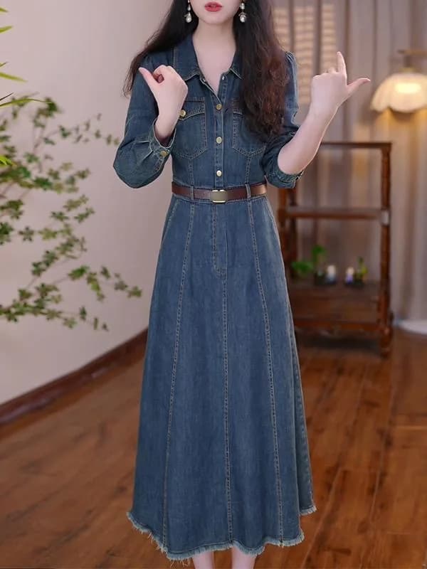 Fall 2025 New Style Women's Denim Dress High Waist A-Line Skirt Pure Color Polyester Fiber Long Sleeve Collar Gown
