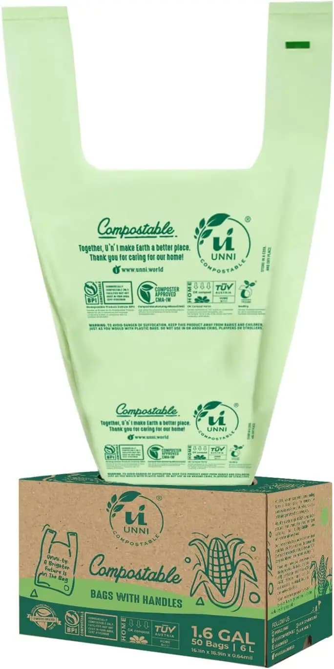 50 Sacchetti per Rifiuti Compostabili da 1,6 Galloni con Manici a Laccio per Contenitore da Cucina, Certificati BPI, Conformi ASTM D6400